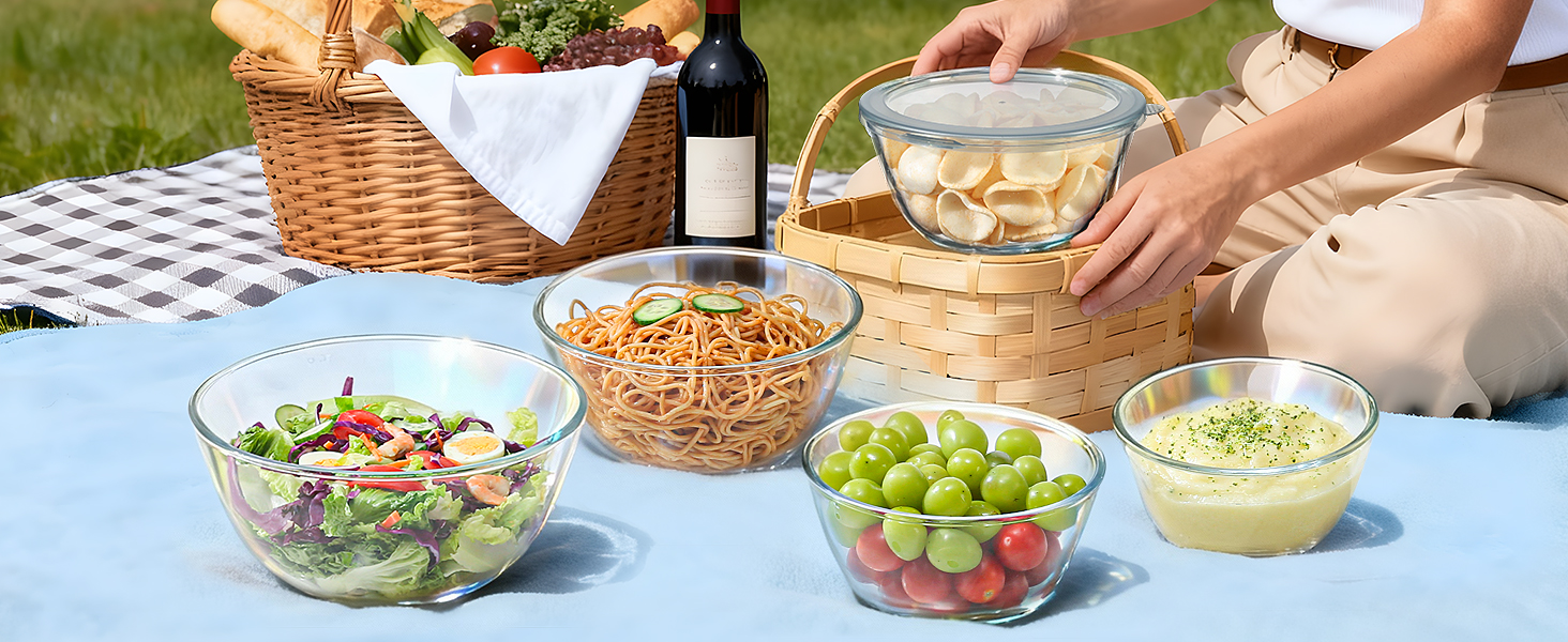 Glass Mixing Bowls with Lids Set of 5(4.78QT,2.2QT,1.7QT,1.1QT,0.85QT),Thick Glass Nesting Bowls for Kitchen Baking,Cooking Prep,Storage,Serving,Large Salad Bowls,Dishwasher Microwave Freezer Safe