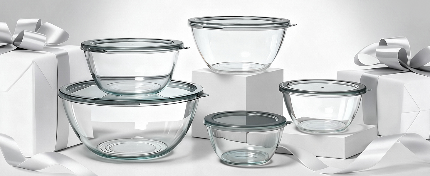 Glass Mixing Bowls with Lids Set of 5(4.78QT,2.2QT,1.7QT,1.1QT,0.85QT),Thick Glass Nesting Bowls for Kitchen Baking,Cooking Prep,Storage,Serving,Large Salad Bowls,Dishwasher Microwave Freezer Safe