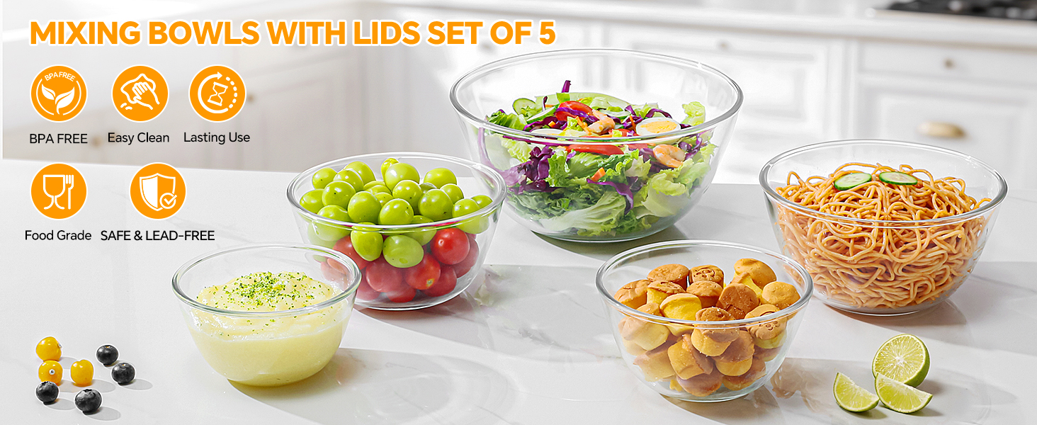 Glass Mixing Bowls with Lids Set of 5(4.78QT,2.2QT,1.7QT,1.1QT,0.85QT),Thick Glass Nesting Bowls for Kitchen Baking,Cooking Prep,Storage,Serving,Large Salad Bowls,Dishwasher Microwave Freezer Safe