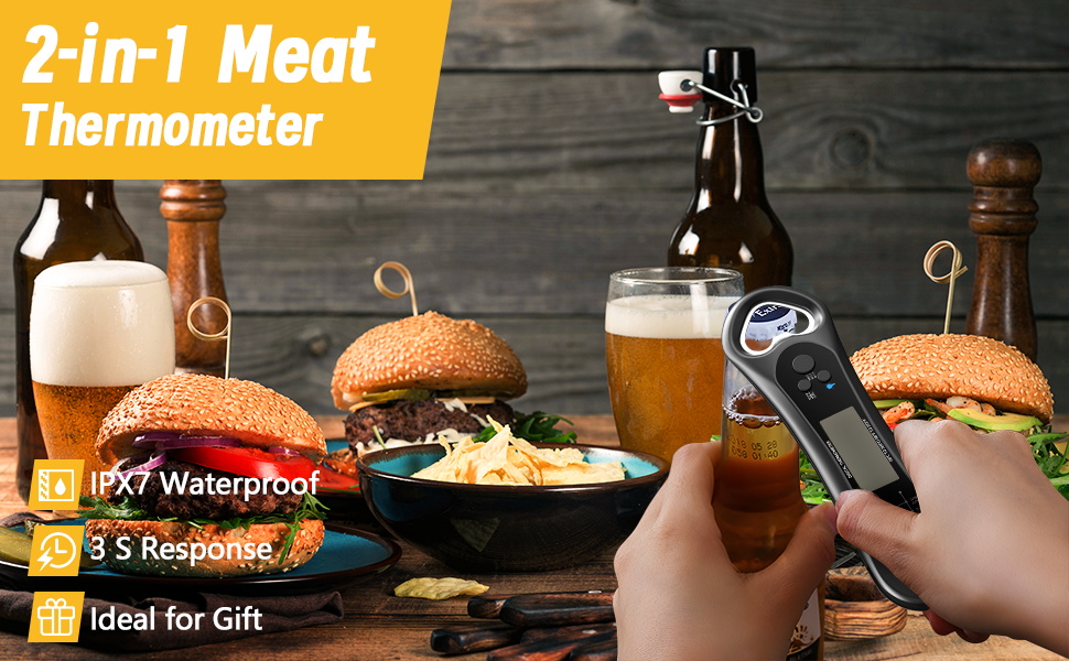 Meat Thermometer Digital, Instant Read Meat Thermometer for Grill and Cooking, with Bottle Opener, Backlight & Calibration Food Thermometer, Kitchen Gadgets for BBQ, Turkey, Candy, Liquids