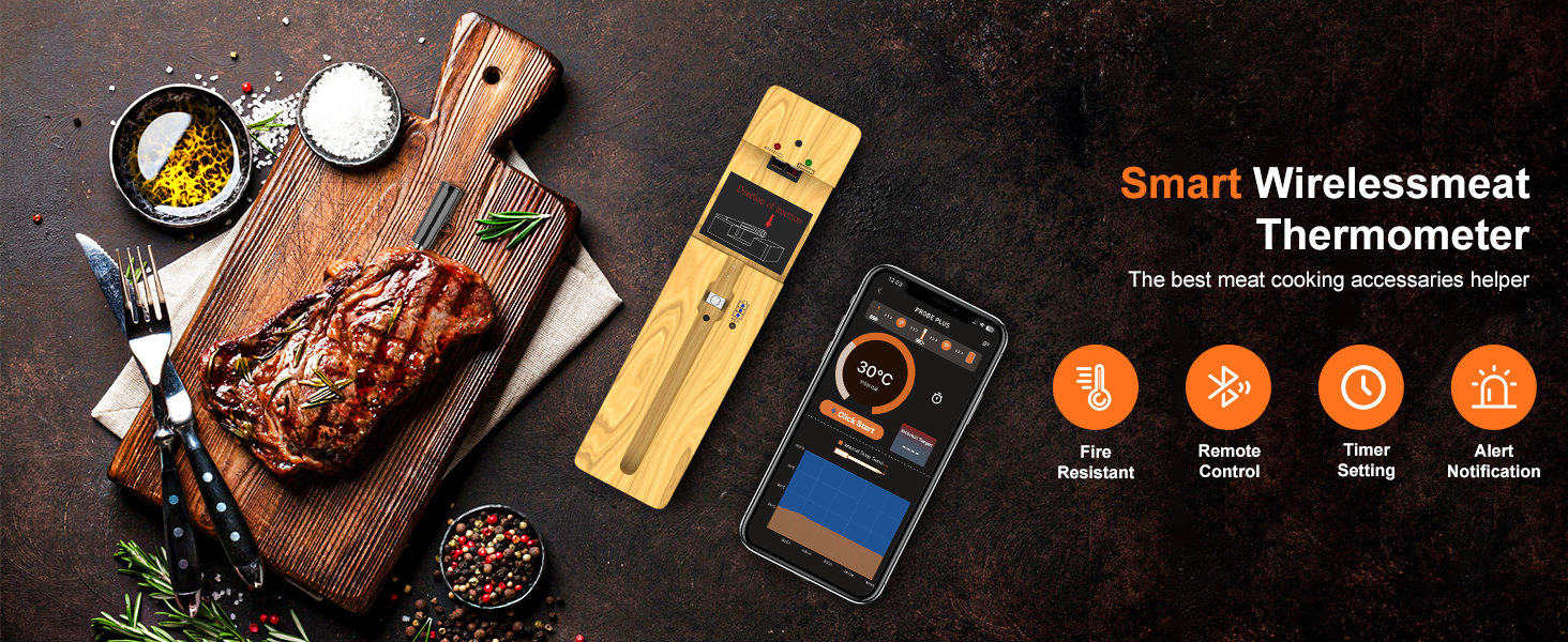 Wireless Meat Thermometer Bluetooth with Ceramic Probe: Waterproof Digital Oven Food Thermometer for Grill Fryer BBQ, 600Ft Range & Smart App for iOS/Android/air, Cooking for Outdoor,Home, Apartment