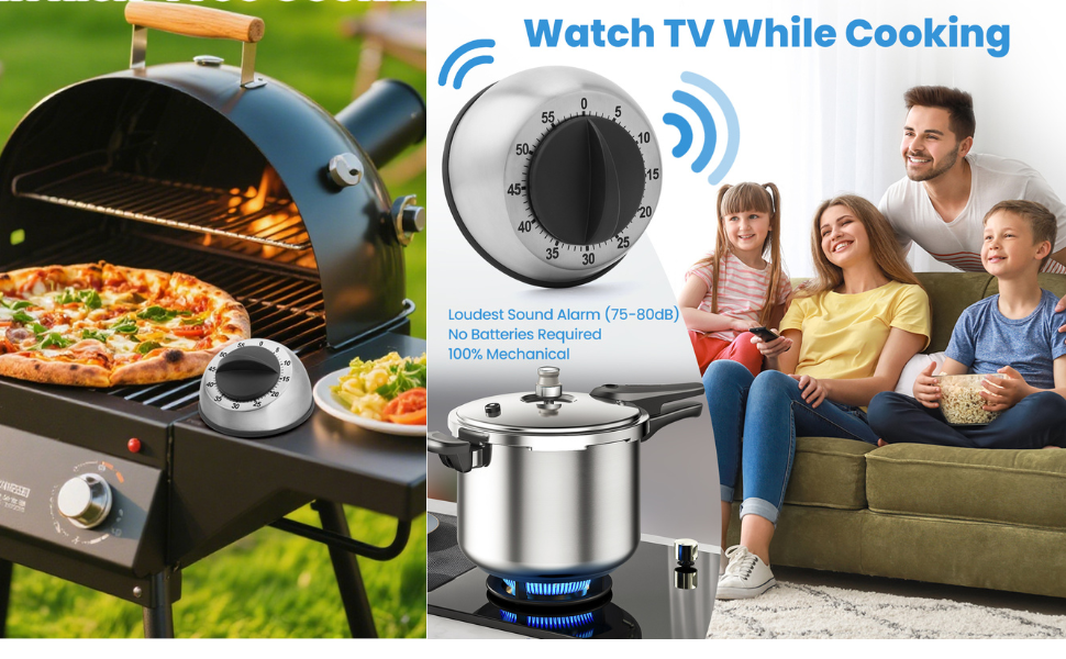 Kitchen Timer for Cooking, Chef Cooking Magnetic Timer - No Batteries Required - Loud Alarm, Mechanical Desk Manual Timers - Magnetic Clock Backing, Countdown Reminder - Stainless Steel Body