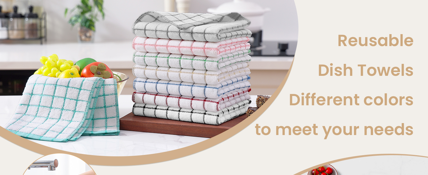 Homaxy Premium Kitchen Towels(16”x 28”, 6 Pack), Large Ring Spun Cotton Dish Towels, Super Absorbent Soft Terry Kitchen Hand Towels, Check Design Tea Towel Set with Hanging Loop, Grey