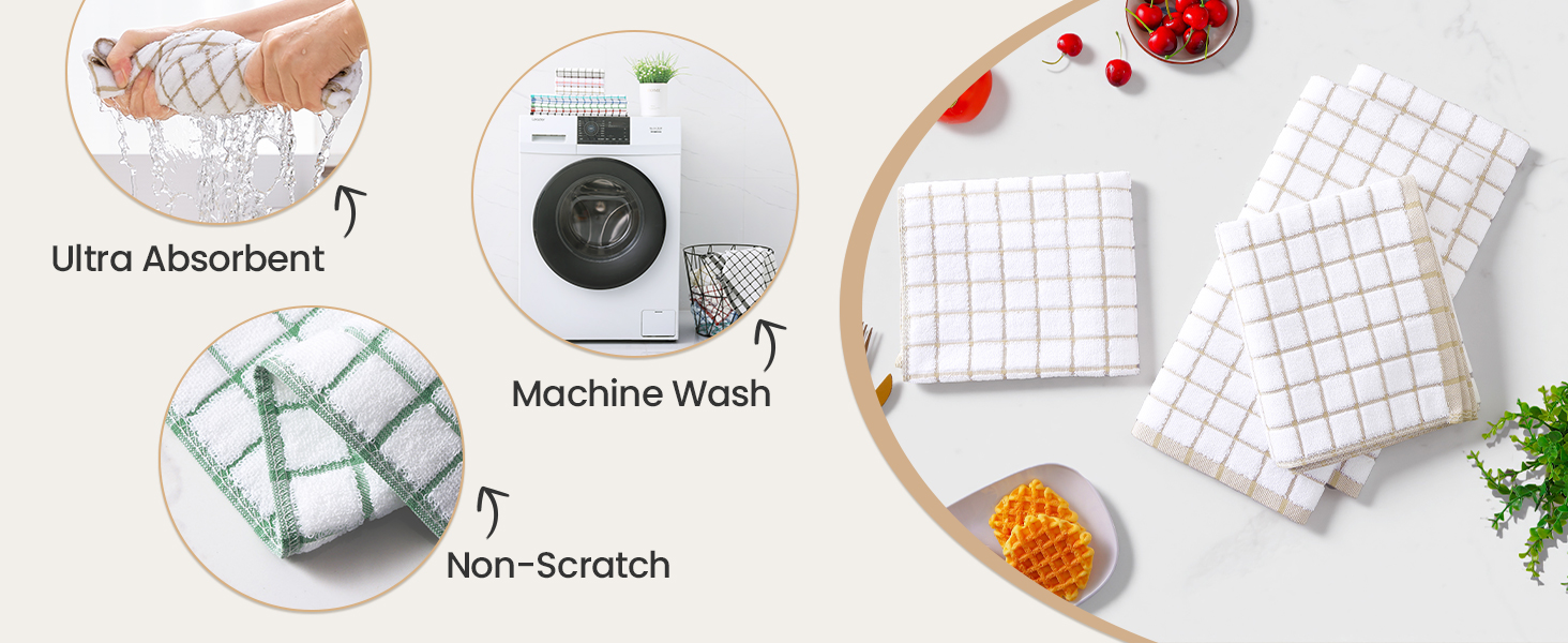 Homaxy Premium Kitchen Towels(16”x 28”, 6 Pack), Large Ring Spun Cotton Dish Towels, Super Absorbent Soft Terry Kitchen Hand Towels, Check Design Tea Towel Set with Hanging Loop, Grey