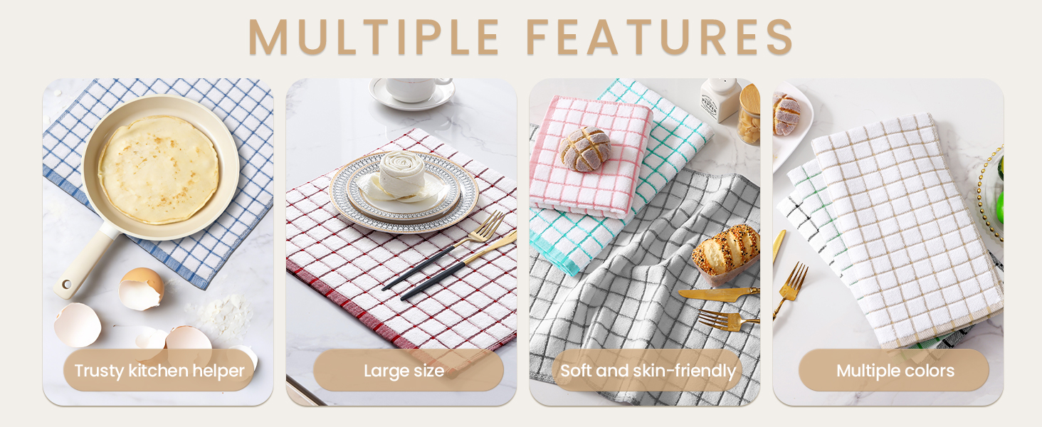 Homaxy Premium Kitchen Towels(16”x 28”, 6 Pack), Large Ring Spun Cotton Dish Towels, Super Absorbent Soft Terry Kitchen Hand Towels, Check Design Tea Towel Set with Hanging Loop, Grey