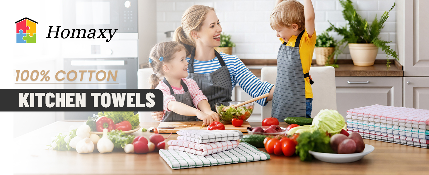 Homaxy Premium Kitchen Towels(16”x 28”, 6 Pack), Large Ring Spun Cotton Dish Towels, Super Absorbent Soft Terry Kitchen Hand Towels, Check Design Tea Towel Set with Hanging Loop, Grey