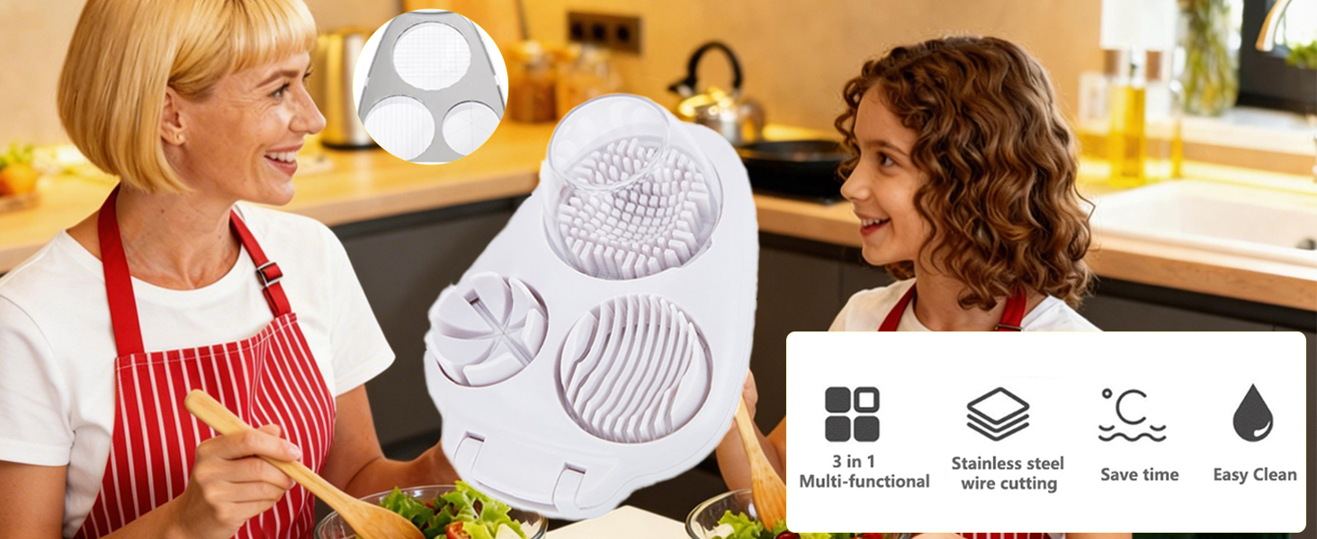 3 In 1 Egg Slicer for Hard Boiled Eggs,3 Slice Modes Egg Cutter,Stainless Steel Dicer for Strawberry Mushroom Grape Cherry, Multifunctional Food Cutter Slicer for Home Kitchen Chopper Gadgets (White)