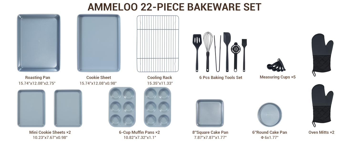 Ammeloo 22-Piece Baking Pans Set Stackable Bakeware Non Stick Baking Set Non Toxic Oven Pans, Including Roasting Pan, Cookie Sheets, Muffin Pans, Cake Pans, Oven Mitts and Utensils(Gray & Stone Black)