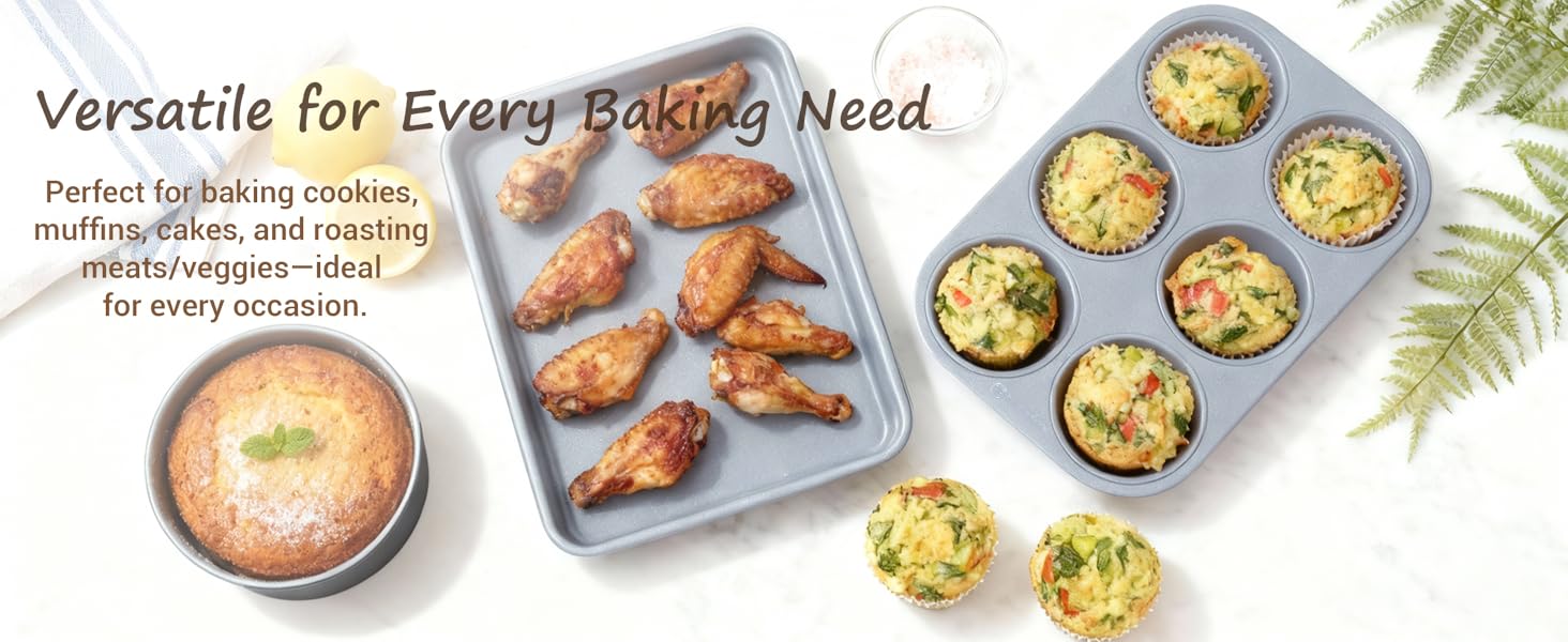 Ammeloo 22-Piece Baking Pans Set Stackable Bakeware Non Stick Baking Set Non Toxic Oven Pans, Including Roasting Pan, Cookie Sheets, Muffin Pans, Cake Pans, Oven Mitts and Utensils(Gray & Stone Black)