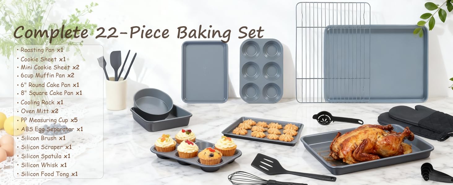 Ammeloo 22-Piece Baking Pans Set Stackable Bakeware Non Stick Baking Set Non Toxic Oven Pans, Including Roasting Pan, Cookie Sheets, Muffin Pans, Cake Pans, Oven Mitts and Utensils(Gray & Stone Black)