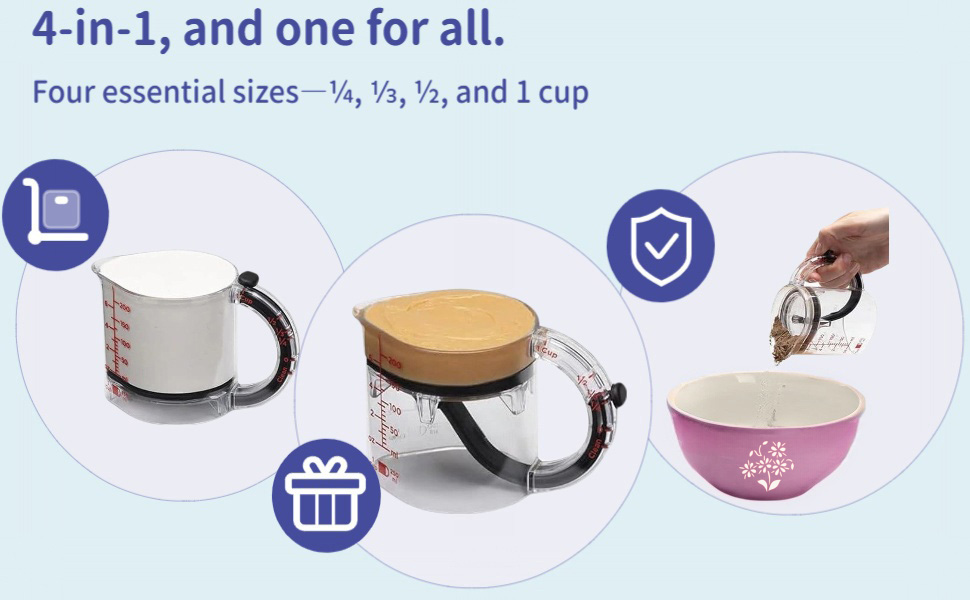 4 in 1 Adjustable Measuring Cup, Multi-Functional Measuring Cups with Scraper-Style Seal Base, Space-Saving Easy to Clean No Waste Design, All-in-1 Push Up Measuring Cups for Cooking and Baking