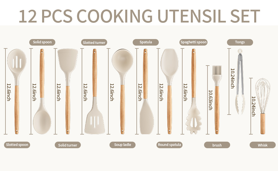 Silicone Cooking Utensil Set,12 PCS Cooking Cookware Kitchen Utensils Set for Cooking, Nonstick 446°F Heat-Resistant Cookware Kitchen Tools of Spoon,Brush,Whisk,Spatula,Turner Tongs (Khaki)