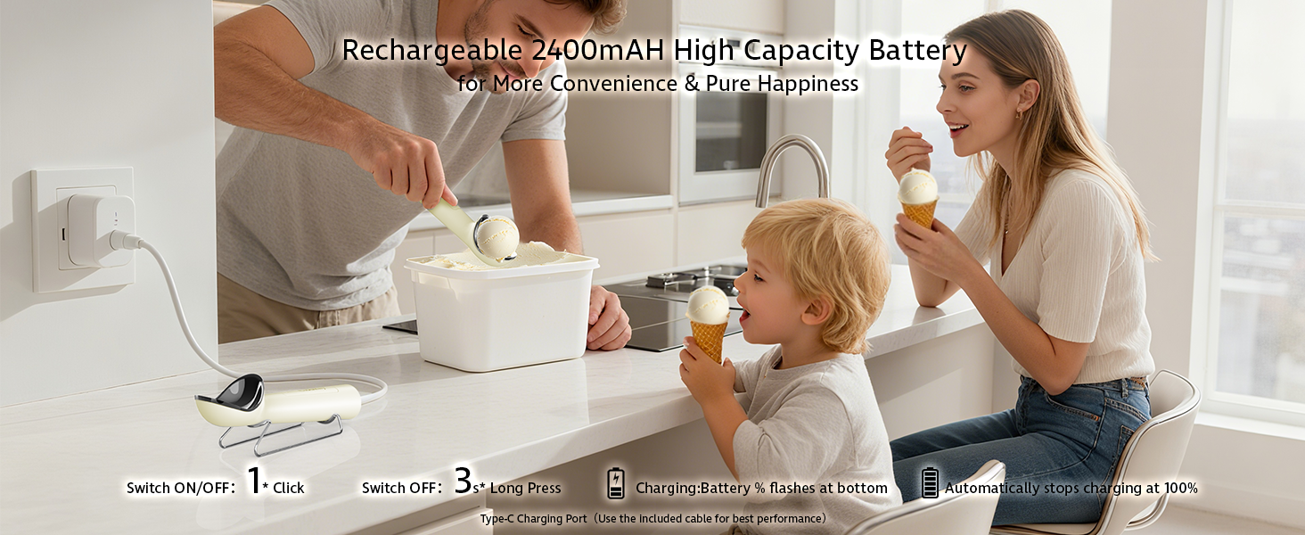 Heated Ice Cream Scoop with ON/OFF Switch(Latest Gen 3.0): Rechargeable Electric Icecream Scooper with Holder,2025 Kitchen Gadgets for Hard Ice Cream, Waterproof IP67,Max to 158℉