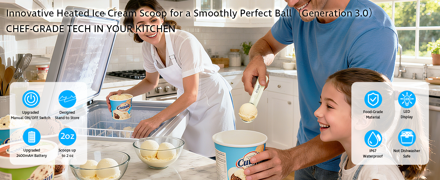 Heated Ice Cream Scoop with ON/OFF Switch(Latest Gen 3.0): Rechargeable Electric Icecream Scooper with Holder,2025 Kitchen Gadgets for Hard Ice Cream, Waterproof IP67,Max to 158℉