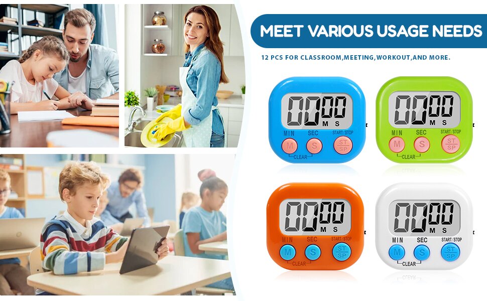 12 Pack Multi-Function Digital Timers, Magnetic Large LCD Display Loud Alarm Countdown Timers, Extensively Use in Classroom, Break Time, Gym, Meeting, Cooking