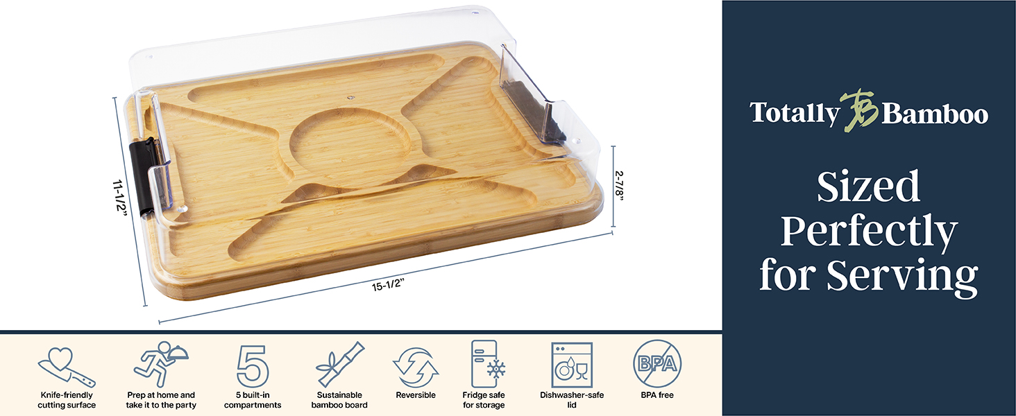 Totally Bamboo Flip, Serve & Store Charcuterie Board with Lid – Reversible Cutting Board & Serving Tray with Compartments, Juice Groove Side, Locking Travel Cover, 15.5 x 11.5 Inches