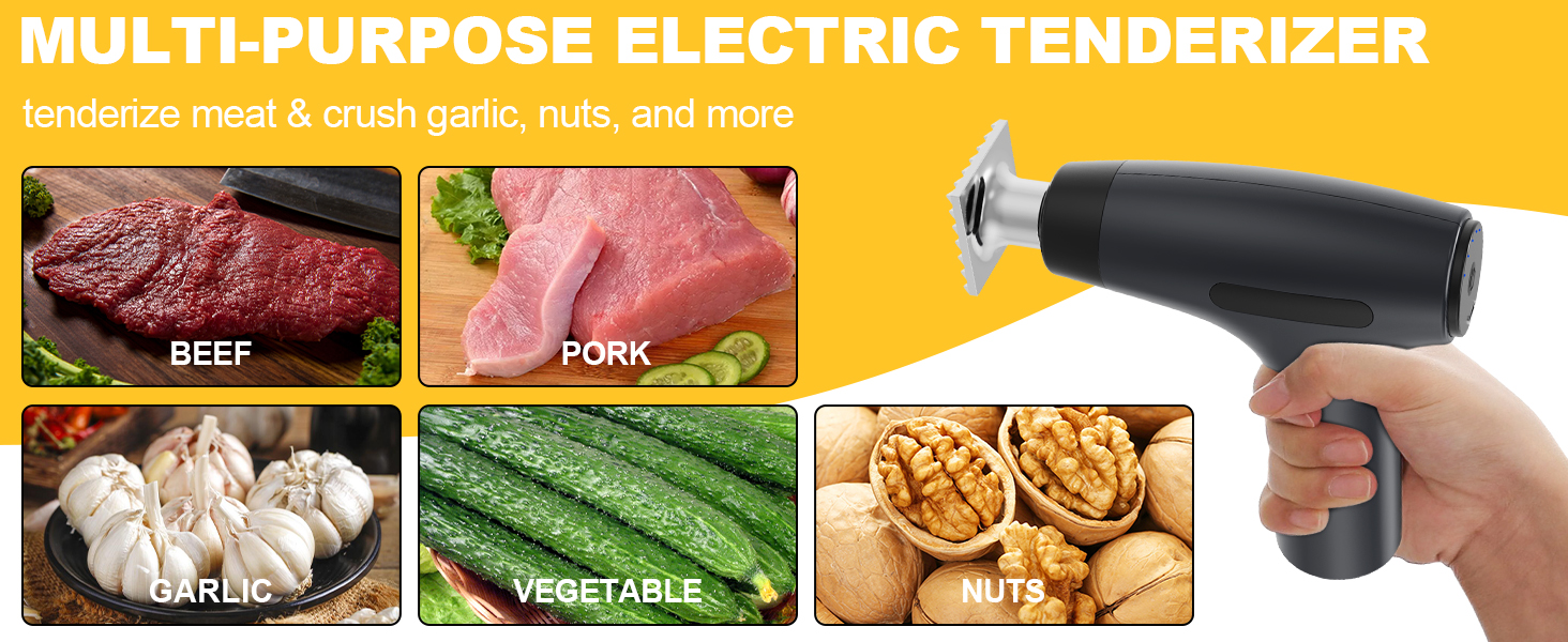 Electric Meat Tenderizer Tool - Meat Mallet 5 Adjustable Speeds, Auto Pressure Sensing, Stainless Steel Detachable Head, 1200mAh Battery for Beef Steak Chicken Pork Kitchen Use