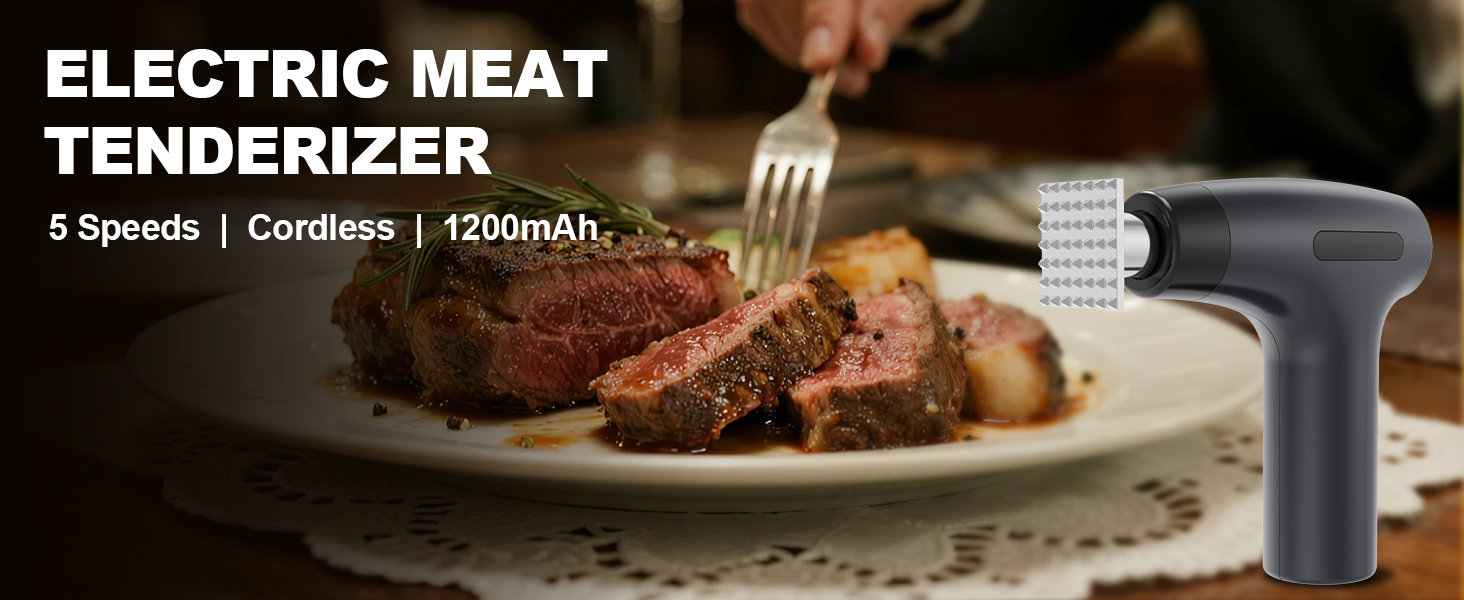 Electric Meat Tenderizer Tool - Meat Mallet 5 Adjustable Speeds, Auto Pressure Sensing, Stainless Steel Detachable Head, 1200mAh Battery for Beef Steak Chicken Pork Kitchen Use
