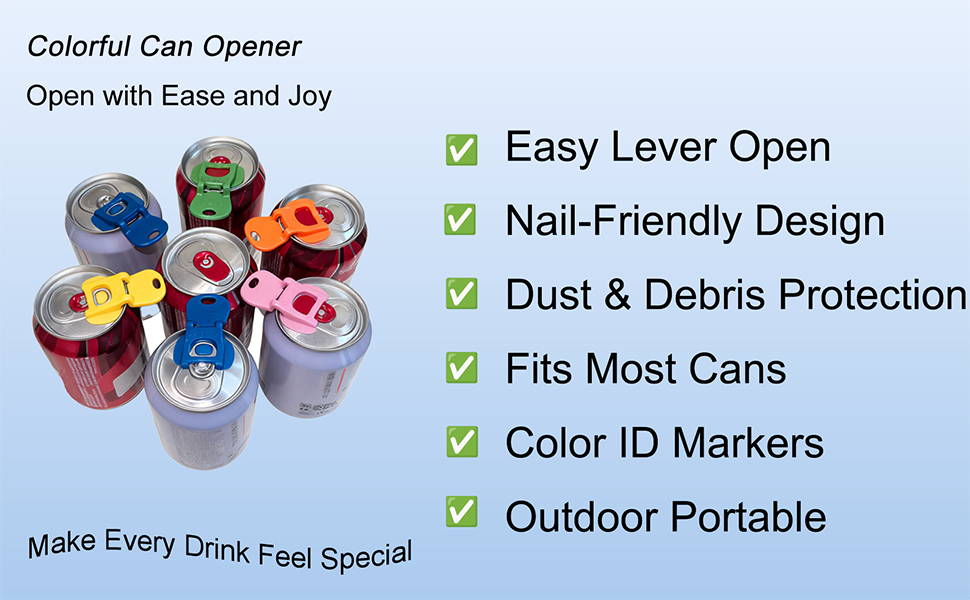 Soda Can Opener Set, 10PCS Easy Tab Opener and Drink Protector with Reusable Complete-Cover Plastic Can Toppers, Fits Coke, Beer & Aluminum Beverage Cans, 5 Colors Lids for Party, BBQ, Camping