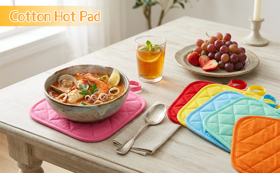 24 Pcs Cotton Pot Holders for Kitchen, Multicolor Square Hot Pads, Thicken Heat Resistant Potholders, Cloth Potholders for Hot, Trivet for Cooking and Baking with Hanging Loops, 6.9 x 6.7 Inch