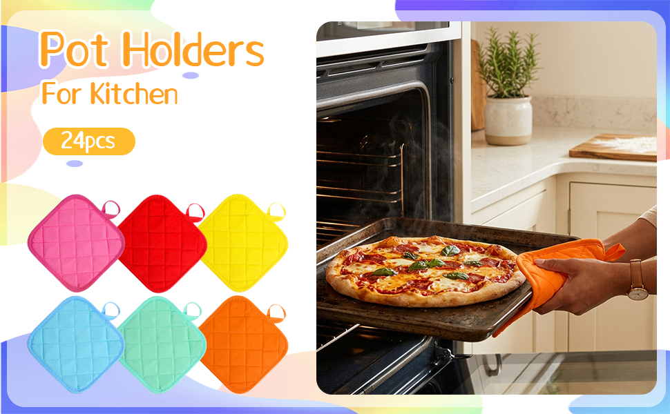 24 Pcs Cotton Pot Holders for Kitchen, Multicolor Square Hot Pads, Thicken Heat Resistant Potholders, Cloth Potholders for Hot, Trivet for Cooking and Baking with Hanging Loops, 6.9 x 6.7 Inch
