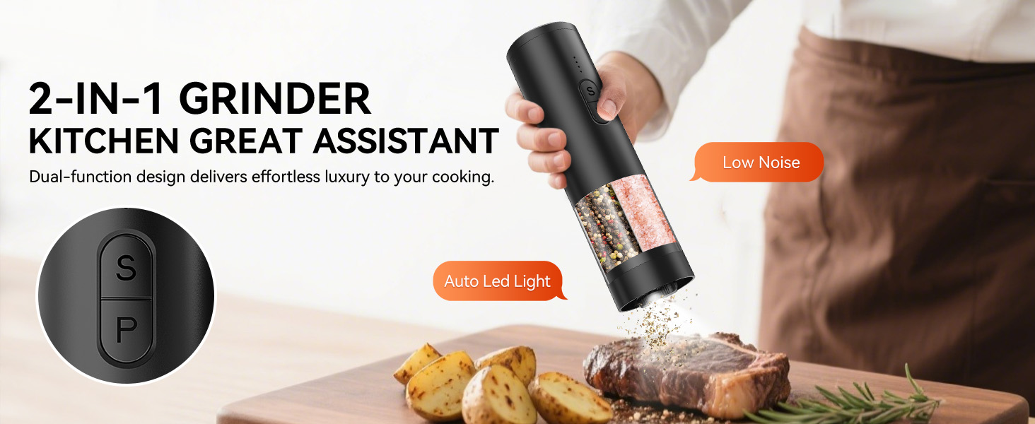 2 in 1 Electric Salt and Pepper Grinder Set, USB Rechargeable, Automatic Salt and Pepper Mill Shakers with Battery Display, LED Light, Adjustable Coarseness Ideal for Kitchen Gift(Black)