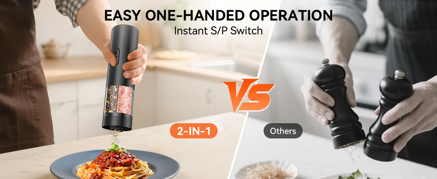 2 in 1 Electric Salt and Pepper Grinder Set, USB Rechargeable, Automatic Salt and Pepper Mill Shakers with Battery Display, LED Light, Adjustable Coarseness Ideal for Kitchen Gift(Black)