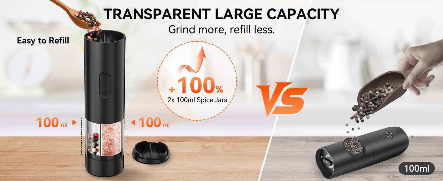 2 in 1 Electric Salt and Pepper Grinder Set, USB Rechargeable, Automatic Salt and Pepper Mill Shakers with Battery Display, LED Light, Adjustable Coarseness Ideal for Kitchen Gift(Black)