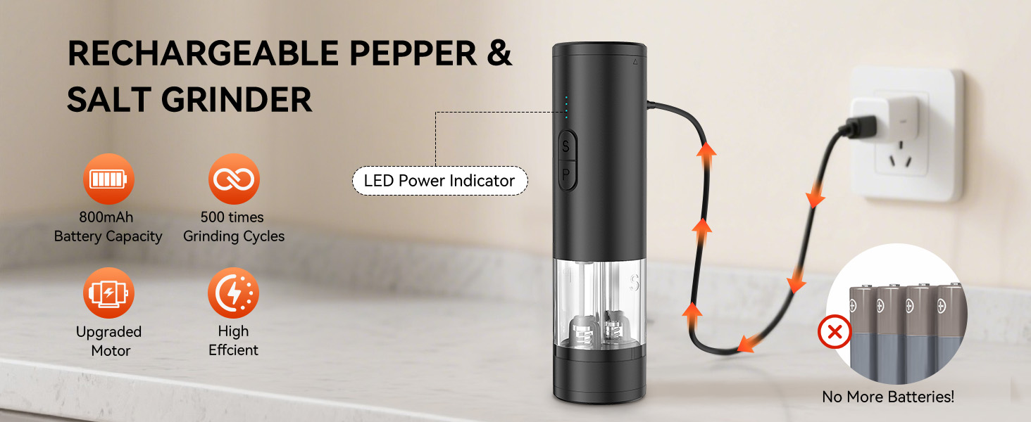 2 in 1 Electric Salt and Pepper Grinder Set, USB Rechargeable, Automatic Salt and Pepper Mill Shakers with Battery Display, LED Light, Adjustable Coarseness Ideal for Kitchen Gift(Black)