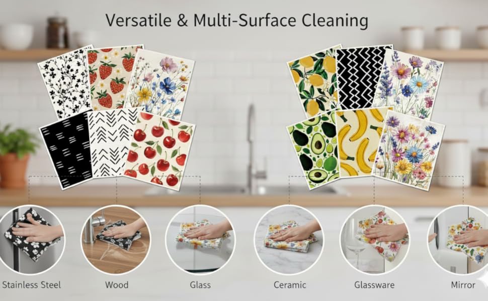 6Pcs 6 Styles Geometric Dish Cloths Swedish Kitchen Dishcloths Reusable Wash Towels Washable Rectangle Cellulose Sponge White and Black Flower Simple Line Mixed Pattern for Kitchen Cleaning