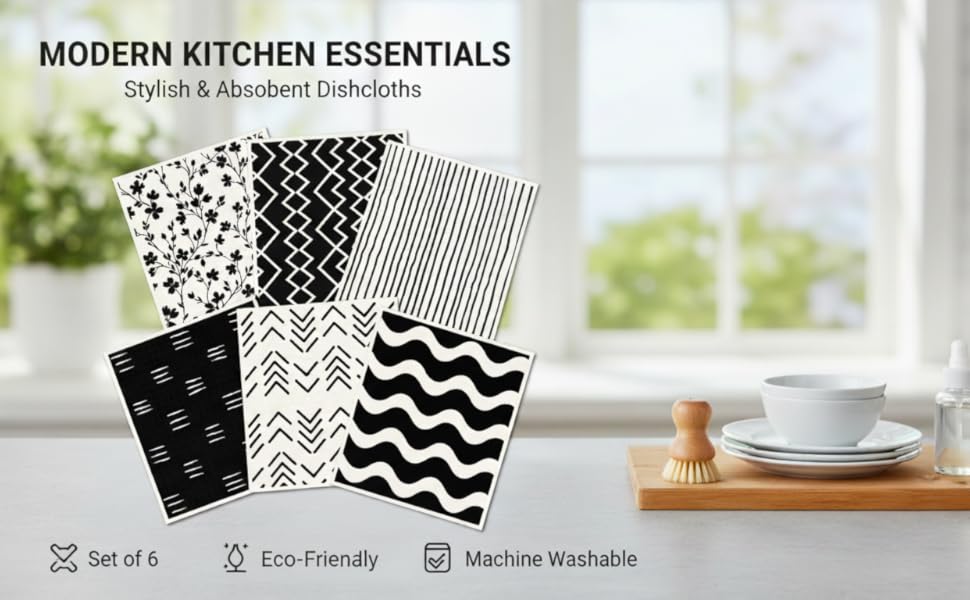 6Pcs 6 Styles Geometric Dish Cloths Swedish Kitchen Dishcloths Reusable Wash Towels Washable Rectangle Cellulose Sponge White and Black Flower Simple Line Mixed Pattern for Kitchen Cleaning