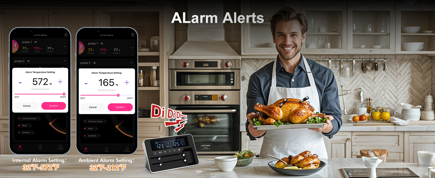 Meat Thermometer Wireless with 2 Probes, 800FT Bluetooth Digital Thermometer with Smart APP, Temp Precise Improved by 100%, Instant Read Food Thermometer with Alerts for Oven Smoker BBQ Grill