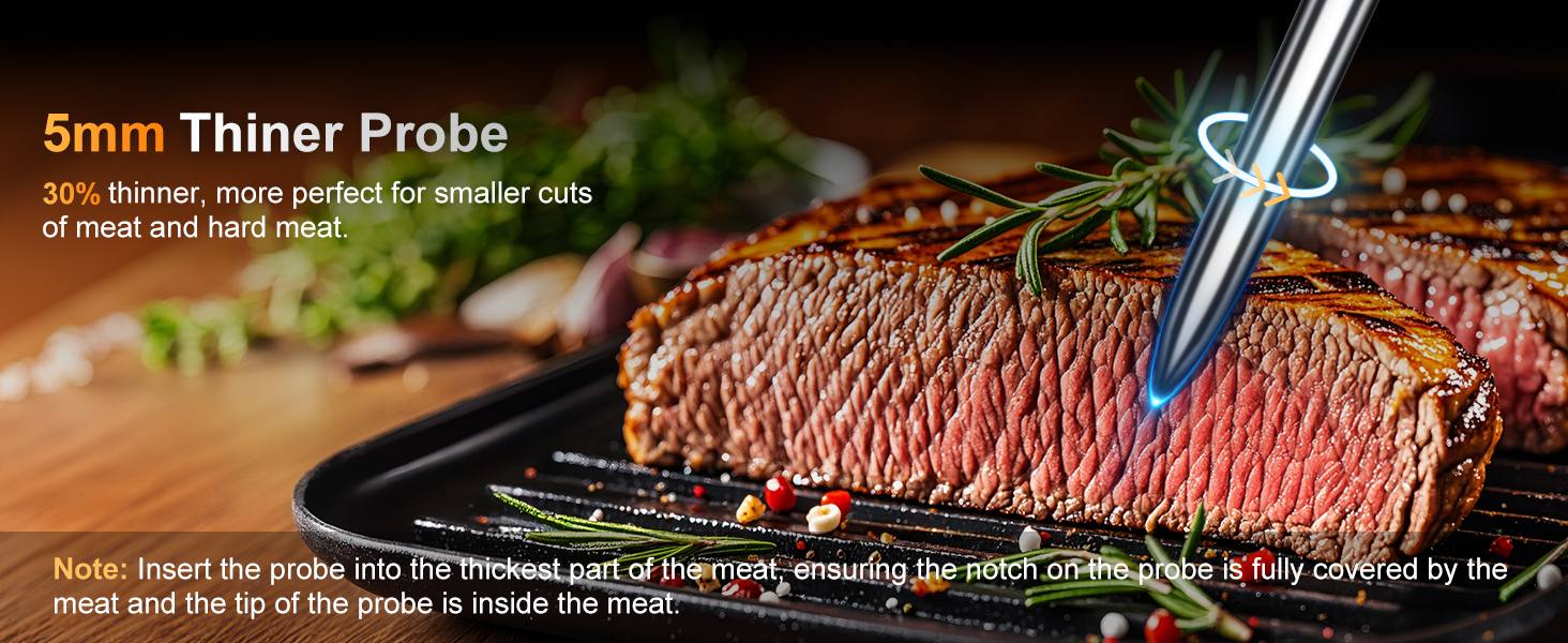 Meat Thermometer Wireless with 2 Probes, 800FT Bluetooth Digital Thermometer with Smart APP, Temp Precise Improved by 100%, Instant Read Food Thermometer with Alerts for Oven Smoker BBQ Grill