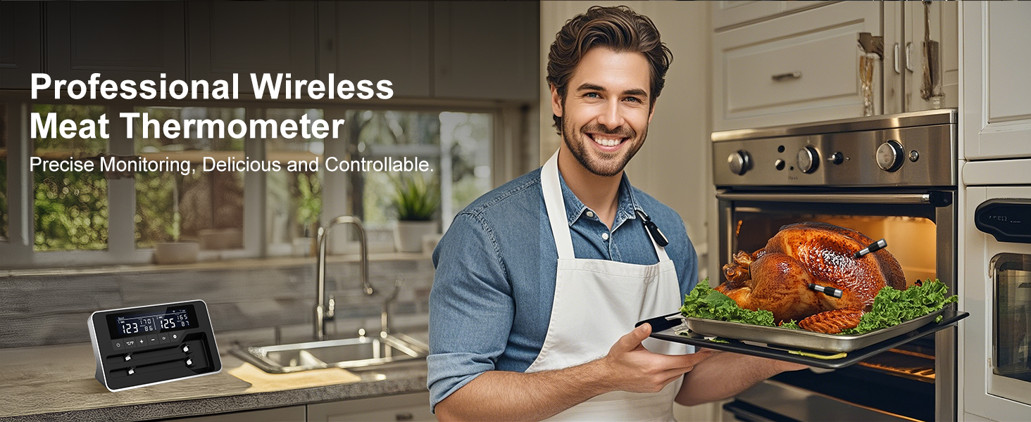 Meat Thermometer Wireless with 2 Probes, 800FT Bluetooth Digital Thermometer with Smart APP, Temp Precise Improved by 100%, Instant Read Food Thermometer with Alerts for Oven Smoker BBQ Grill