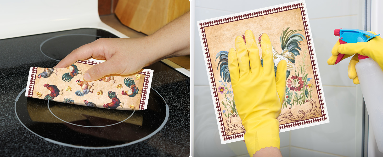 Funny Rooster Swedish Dishcloths for Kitchen - 6PCS Rooster Swedish Cloths for Washing Dishes, Chicken Reusable Dish Towels, Washable Cleaning Sponge Gifts for Washing Dishes Quick Drying