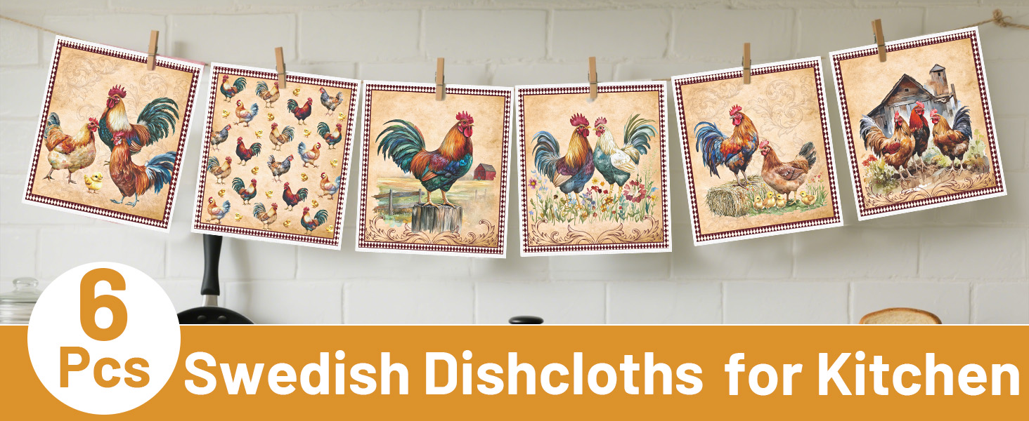 Funny Rooster Swedish Dishcloths for Kitchen - 6PCS Rooster Swedish Cloths for Washing Dishes, Chicken Reusable Dish Towels, Washable Cleaning Sponge Gifts for Washing Dishes Quick Drying