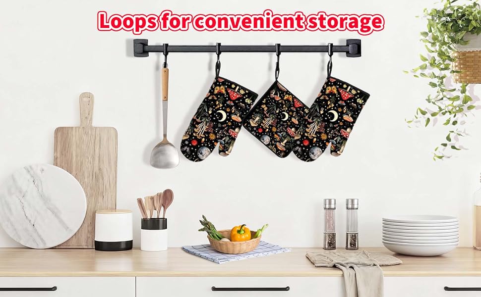 Cute Mushroom Oven Mitts and Pot Holders Sets of 3, Heat Resistant Black Hot Pads Oven Gloves with Hanging Loop for Cooking Grilling Baking, Boho Kitchen Decor, Witchy Gifts for Women Mushroom Lovers