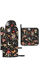 Cute Mushroom Oven Mitts and Pot Holders Sets of 3, Heat Resistant Black Hot Pads Oven Gloves with Hanging Loop for Cooking Grilling Baking, Boho Kitchen Decor, Witchy Gifts for Women Mushroom Lovers