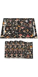 Cute Mushroom Oven Mitts and Pot Holders Sets of 3, Heat Resistant Black Hot Pads Oven Gloves with Hanging Loop for Cooking Grilling Baking, Boho Kitchen Decor, Witchy Gifts for Women Mushroom Lovers