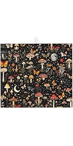 Cute Mushroom Oven Mitts and Pot Holders Sets of 3, Heat Resistant Black Hot Pads Oven Gloves with Hanging Loop for Cooking Grilling Baking, Boho Kitchen Decor, Witchy Gifts for Women Mushroom Lovers