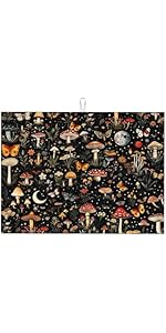 Cute Mushroom Oven Mitts and Pot Holders Sets of 3, Heat Resistant Black Hot Pads Oven Gloves with Hanging Loop for Cooking Grilling Baking, Boho Kitchen Decor, Witchy Gifts for Women Mushroom Lovers