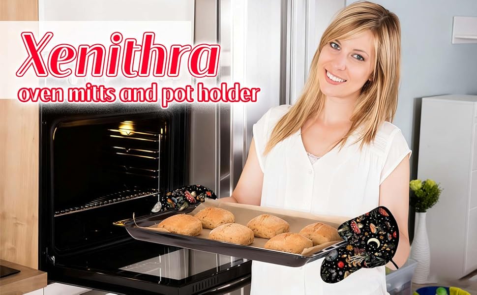 Cute Mushroom Oven Mitts and Pot Holders Sets of 3, Heat Resistant Black Hot Pads Oven Gloves with Hanging Loop for Cooking Grilling Baking, Boho Kitchen Decor, Witchy Gifts for Women Mushroom Lovers