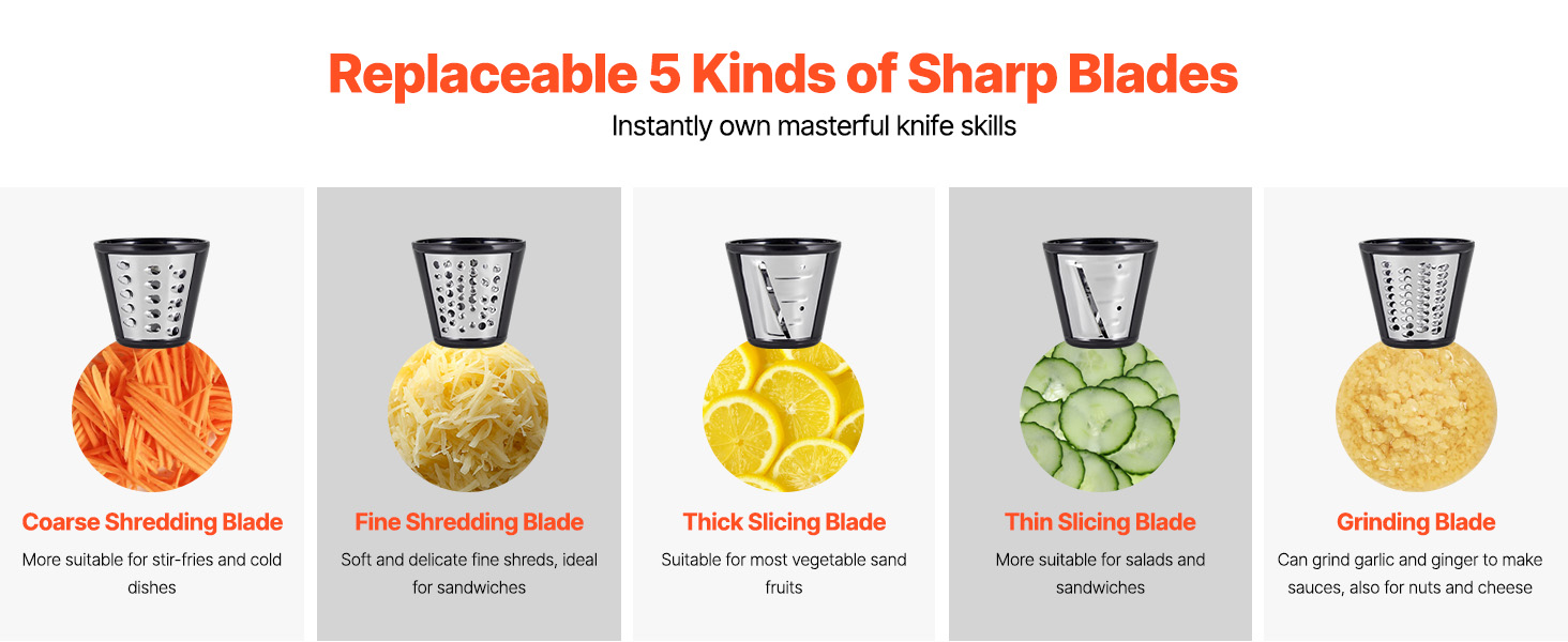 VEVOR Electric Cheese Grater Salad Maker, 200W Salad Shooter, Electric Vegetable Slicer Shredder Chopper for Fruits with 5 Attachments, Stainless Steel Food Cutter for Vegetables, and Cheeses