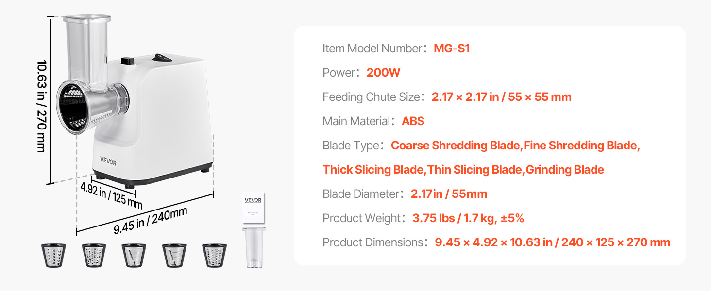 VEVOR Electric Cheese Grater Salad Maker, 200W Salad Shooter, Electric Vegetable Slicer Shredder Chopper for Fruits with 5 Attachments, Stainless Steel Food Cutter for Vegetables, and Cheeses