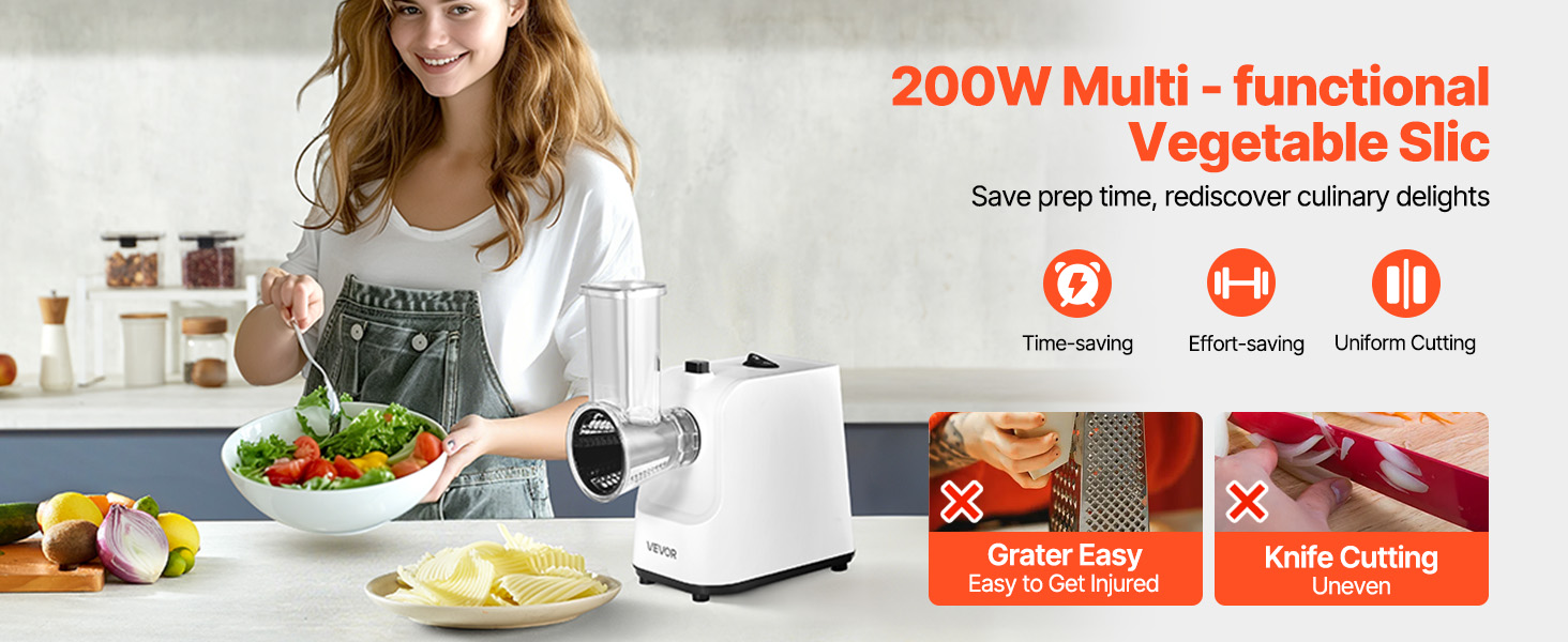 VEVOR Electric Cheese Grater Salad Maker, 200W Salad Shooter, Electric Vegetable Slicer Shredder Chopper for Fruits with 5 Attachments, Stainless Steel Food Cutter for Vegetables, and Cheeses