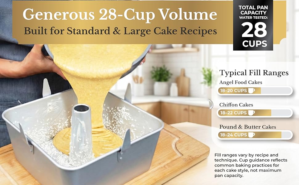 Square Tube Cake Pan, 28-Cup Capacity for 18-Cup Recipes, 10-Inch Anodized Aluminum Angel Food, Chiffon & Pound Cake Pan with Removable Bottom and Cooling Feet
