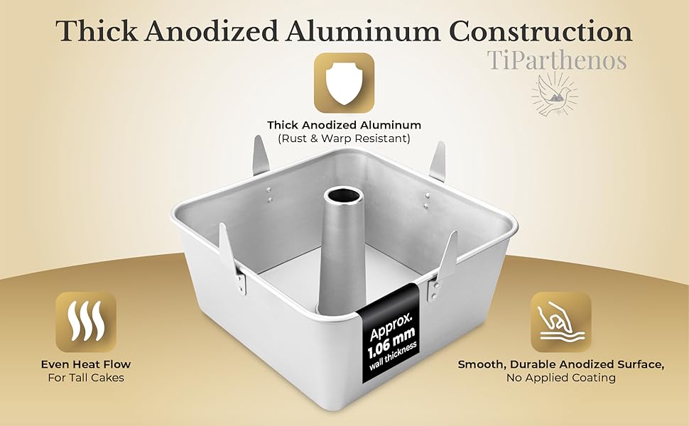 Square Tube Cake Pan, 28-Cup Capacity for 18-Cup Recipes, 10-Inch Anodized Aluminum Angel Food, Chiffon & Pound Cake Pan with Removable Bottom and Cooling Feet