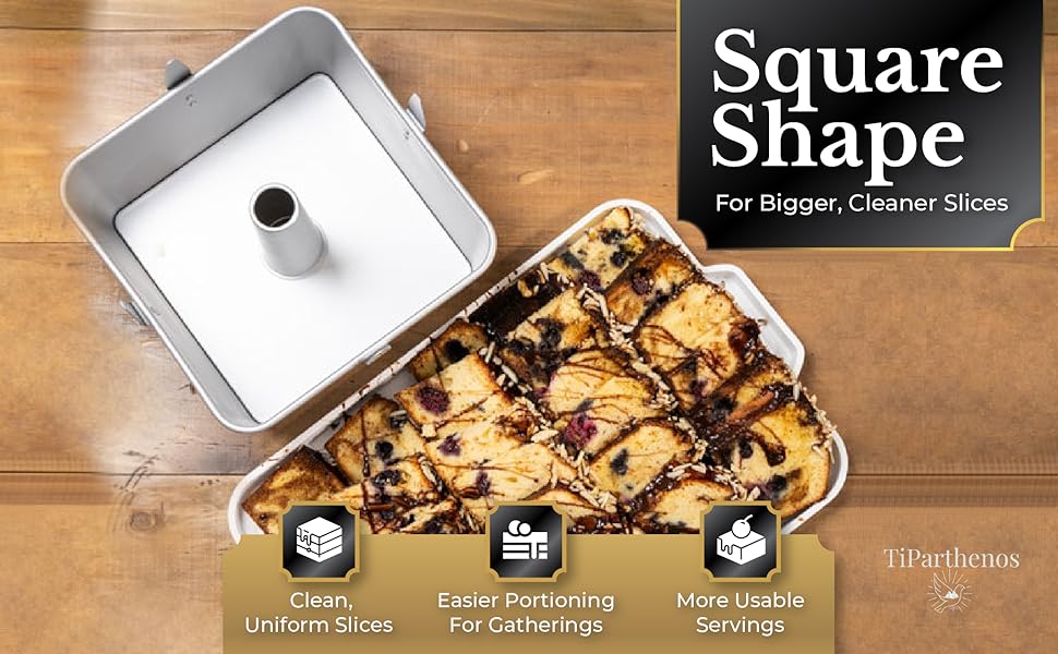 Square Tube Cake Pan, 28-Cup Capacity for 18-Cup Recipes, 10-Inch Anodized Aluminum Angel Food, Chiffon & Pound Cake Pan with Removable Bottom and Cooling Feet