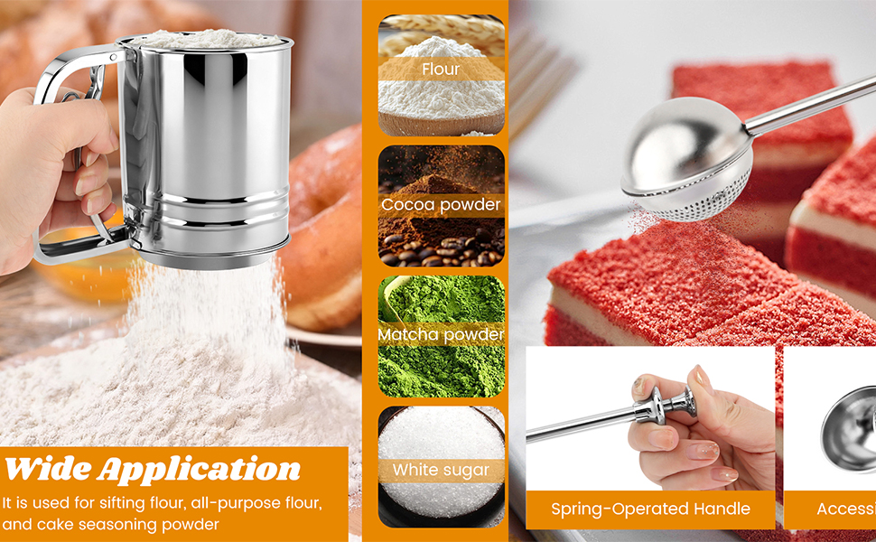 Flour Sifter, 4 in 1 Stainless Steel Baking Sifter with Powder Sugar Shaker Duster 3 Cup Double Layer Fine Mesh Sifter for Cakes, Pastries, Pies, Cupcakes and Desserts(COLOR:sliver)