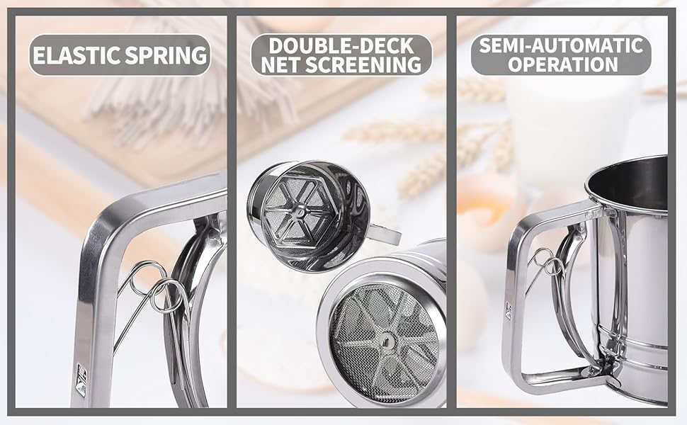 Flour Sifter, 4 in 1 Stainless Steel Baking Sifter with Powder Sugar Shaker Duster 3 Cup Double Layer Fine Mesh Sifter for Cakes, Pastries, Pies, Cupcakes and Desserts(COLOR:sliver)